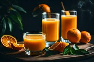 naranja jugo en lentes y en un de madera mesa. generado por ai foto