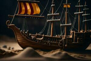 a model of a pirate ship in the sand. AI-Generated photo