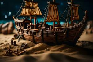 a model of a pirate ship on the sand. AI-Generated photo