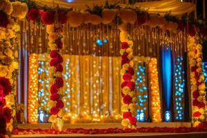 a colorful wedding stage decorated with flowers and garlands. AI-Generated photo