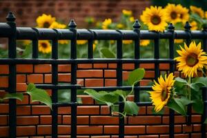 sunflowers growing in a brick fence. AI-Generated photo