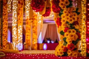 un Boda ceremonia con flores y guirnaldas generado por ai foto