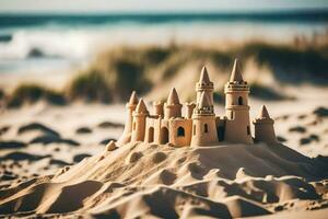 un arena castillo en el playa. generado por ai foto