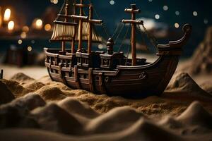 a model ship in the sand. AI-Generated photo