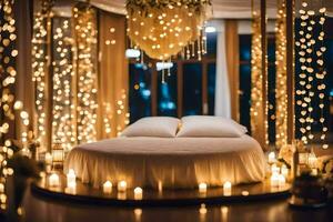 a bed with candles and lights in the room. AI-Generated photo