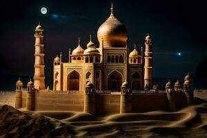 a sand castle in the desert with a moon in the sky. AI-Generated photo