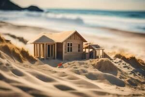 a miniature house on the beach with sand dunes. AI-Generated photo