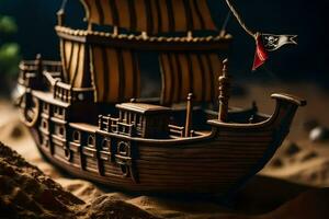 a model of a pirate ship on a sandy beach. AI-Generated photo