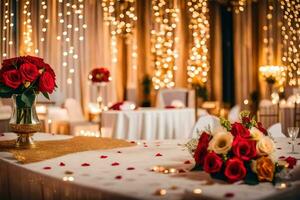 a wedding reception with red roses and white table cloth. AI-Generated photo