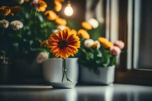 naranja flor en un florero en un mesa. generado por ai foto