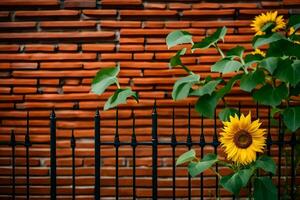 a sunflower is growing in front of a brick wall. AI-Generated photo