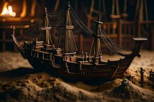 a model of a pirate ship in a dark room. AI-Generated photo