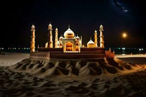 a sand castle with a taj mahal in the background. AI-Generated photo