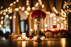 a candle lit table with a red rose in the center. AI-Generated photo