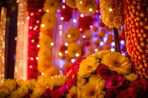 a colorful display of flowers and garlands. AI-Generated photo