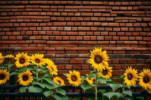 girasoles en frente de un ladrillo pared. generado por ai foto