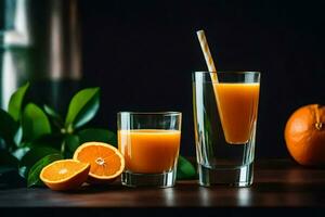 two glasses of orange juice with straws on a table. AI-Generated photo