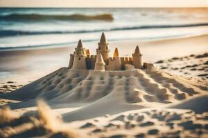 sand castle on the beach at sunset. AI-Generated photo
