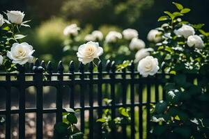 white roses are growing on a black fence. AI-Generated photo