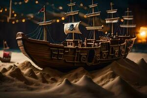 a pirate ship is sitting on the sand. AI-Generated photo