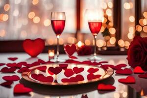 San Valentín día mesa ajuste con rojo corazones. generado por ai foto