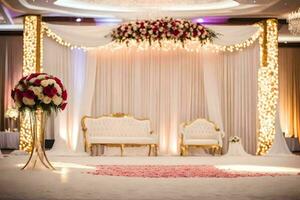 an elegant wedding stage with white and gold decor. AI-Generated photo