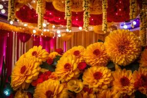 un grande arreglo de amarillo y rojo flores generado por ai foto