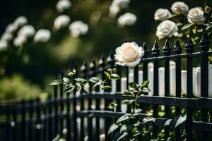 blanco rosas son creciente en un negro cerca. generado por ai foto