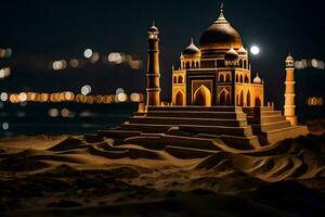 a sand castle is lit up at night. AI-Generated photo