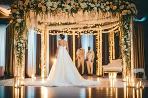 a bride and groom are standing under a floral arch. AI-Generated photo