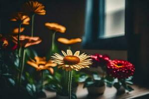 flores en floreros en un ventana umbral. generado por ai foto