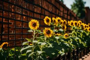 girasoles creciente en un cerca cerca un ladrillo pared. generado por ai foto