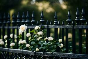 a black wrought iron fence with white roses. AI-Generated photo