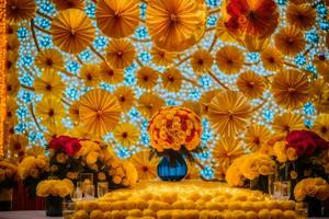 un mesa con amarillo flores y velas generado por ai foto