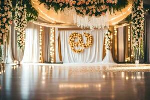 un Boda ceremonia con flores y un corazón. generado por ai foto