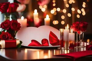 San Valentín día mesa ajuste con velas y rosas. generado por ai foto
