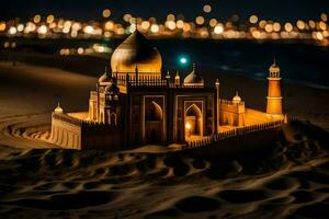 a model of a mosque in the sand. AI-Generated photo