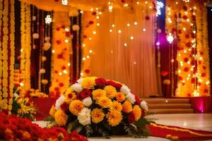 a wedding stage decorated with flowers and garlands. AI-Generated photo