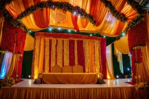 an indian wedding stage decorated with orange and yellow drapes. AI-Generated photo