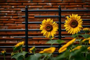 two sunflowers are in front of a brick wall. AI-Generated photo