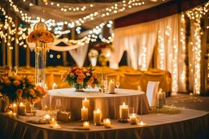a wedding reception with candles and lights. AI-Generated photo