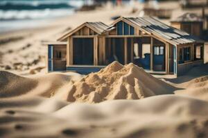 a miniature house on the beach with sand. AI-Generated photo