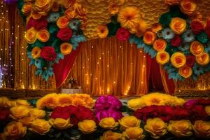 a stage decorated with colorful flowers and lights. AI-Generated photo