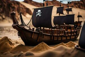 a pirate ship is in the sand. AI-Generated photo