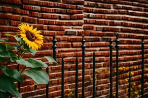 a sunflower is growing in front of a brick wall. AI-Generated photo