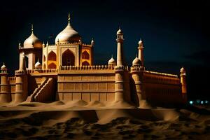the sand castle is lit up at night. AI-Generated photo