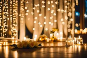 candles and flowers are set up in front of a curtain. AI-Generated photo