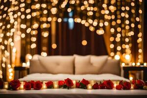 a bed with candles and roses in front of a backdrop of lights. AI-Generated photo
