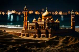 a sand castle is lit up at night. AI-Generated photo