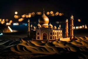 a model of a taj mahal in the desert at night. AI-Generated photo